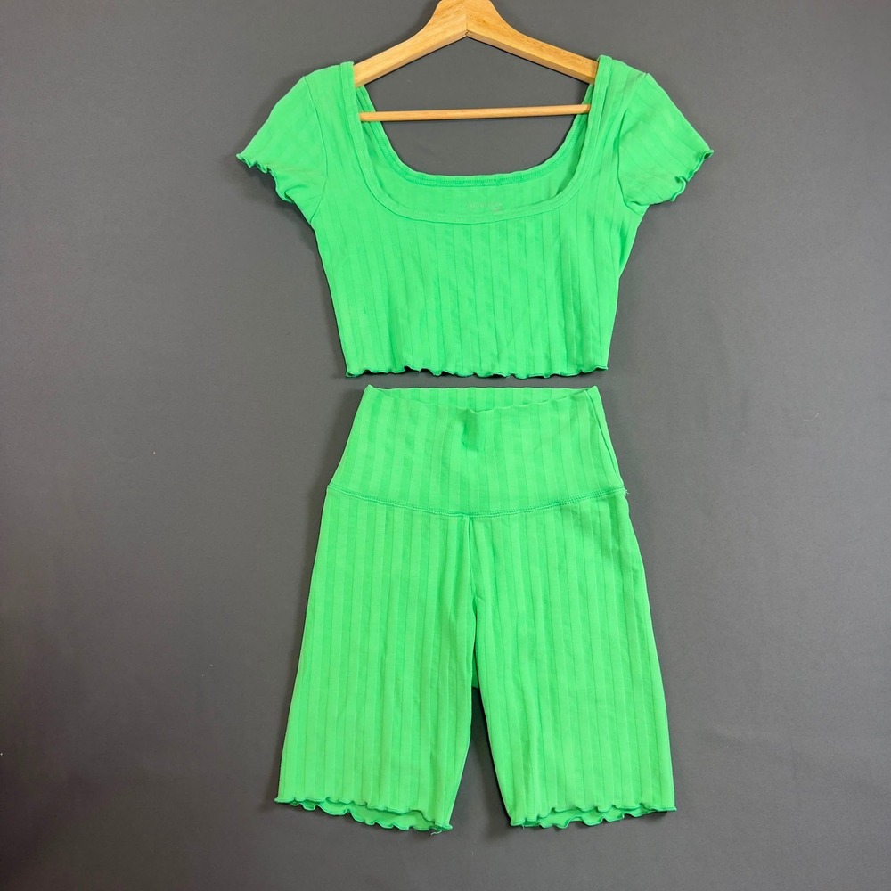 OFFLINE by Aerie Ribbed Matching Set Green Crop Top Biker Shorts XS Women's